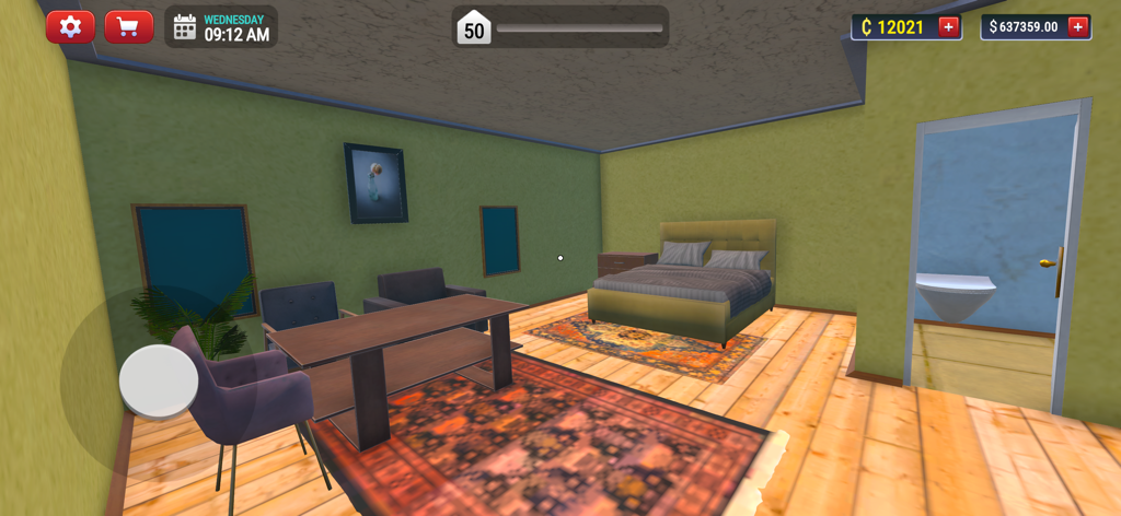 My Hotel Simulator 3D - Uma visão interior 3D de um quarto de hotel decorado com uma cama, mesa e banheiro em My Hotel Simulator 3D