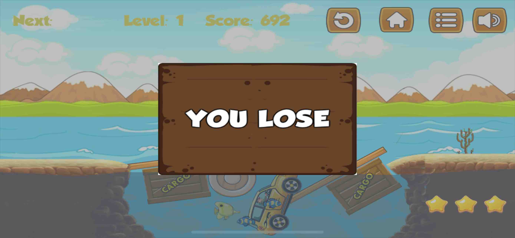 Schermata di gioco per Build It Wooden Bridge che mostra un messaggio 'Hai perso' dopo il crollo di un ponte.