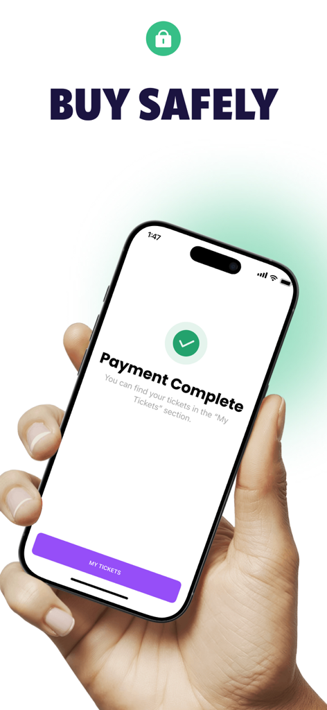Rebel - Buy and Sell Tickets - A hand holding an iPhone showing a successful payment completion screen in the Rebel app with the heading Buy Safely