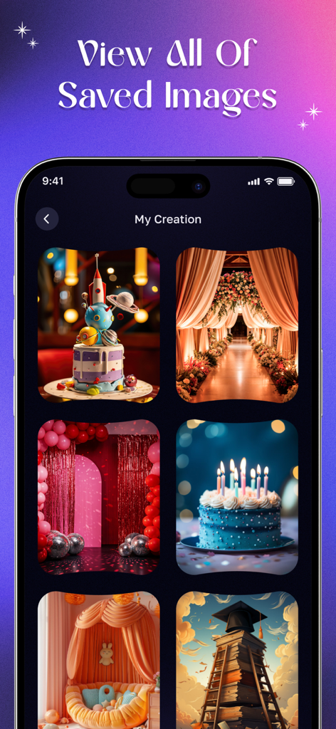 AI Event Designer: Venue Decor - A gallery of saved AI-generated event designs including cakes and floral arrangements.