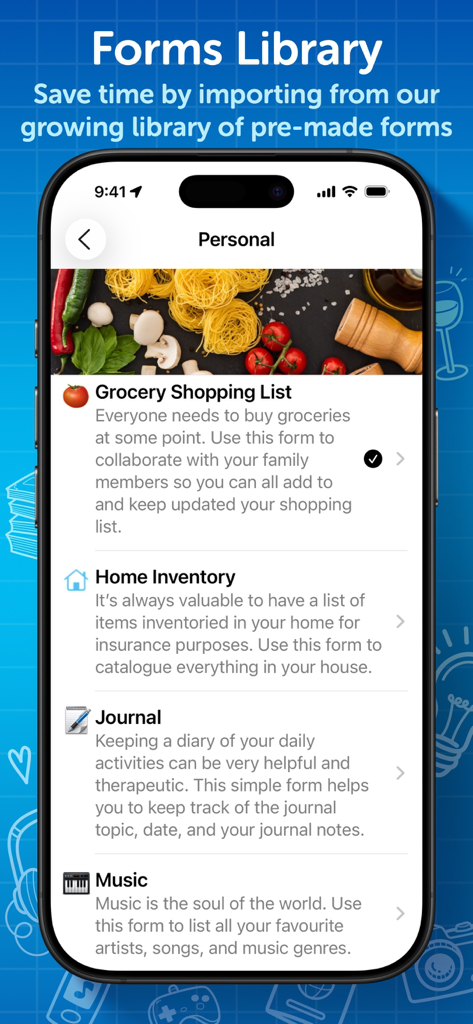 Interface do aplicativo Tap Forms Pro mostrando uma biblioteca de modelos de banco de dados pré-fabricados para organização pessoal