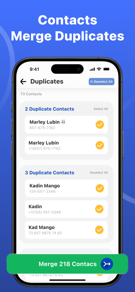 Clean AI・Phone Storage Cleaner - Interface showing duplicate contact lists with a merge button in the Clean AI storage app.
