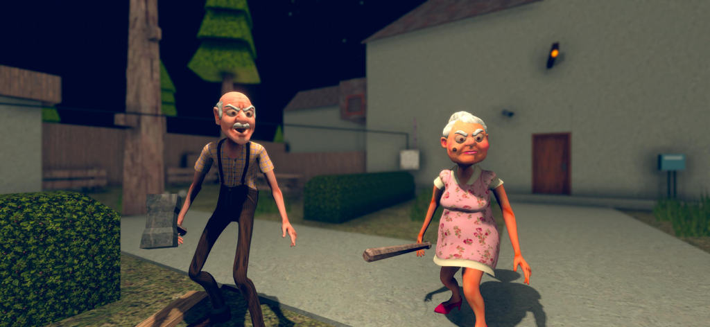 Creepy Elders: House Escape - Menacing elderly characters holding a hammer and a bat outside a house.