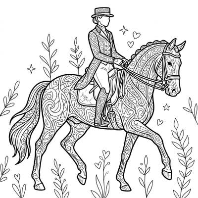 Delve into the elegance of equestrian sport with this stunning adult coloring page featuring a dressage rider and her magnificent horse. Intricate patterns fill every detail, promising hours of mindful coloring enjoyment.