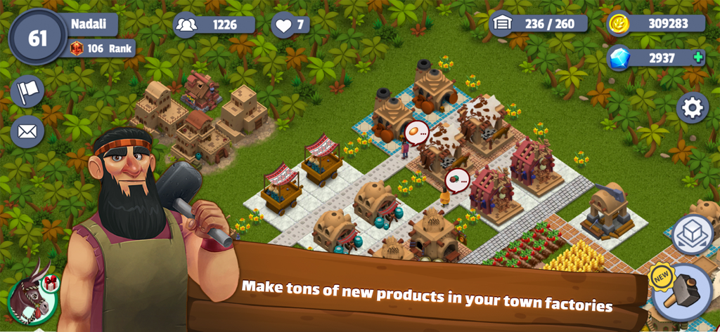 Gameplay of Sun City Builder showing an ancient Persian style town with factories and a blacksmith character