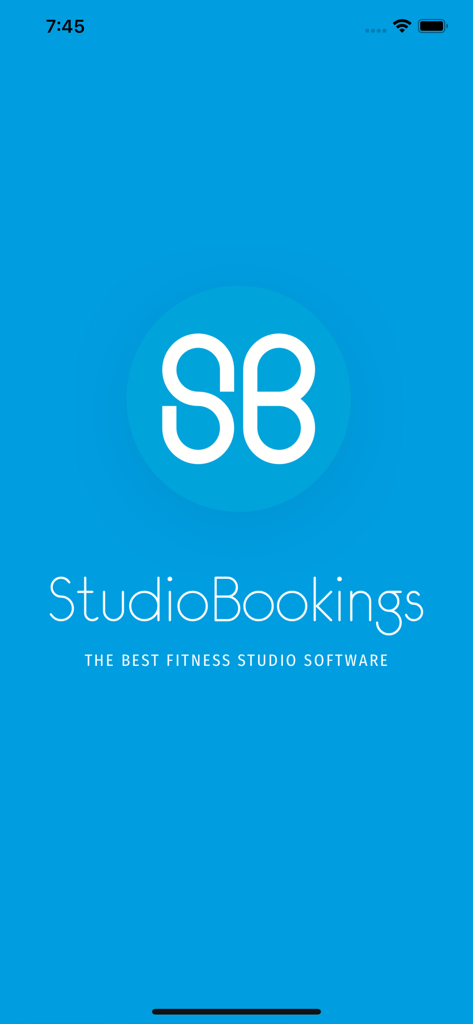StudioBookings app splash screen featuring the SB logo and tagline the best fitness studio software