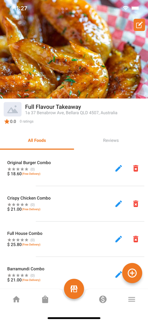 JJ's for Restaurants - The menu management interface of JJs for Restaurants app showing a list of food items and editing tools