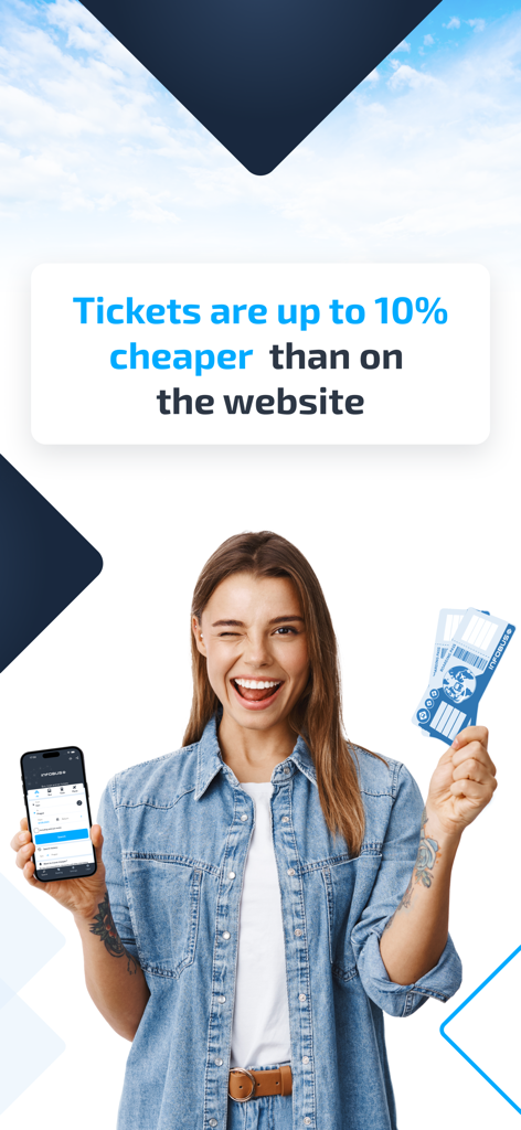 INFOBUS: Bus, train, flight - INFOBUSアプリと物理的な旅行チケットを持った幸せそうな女性