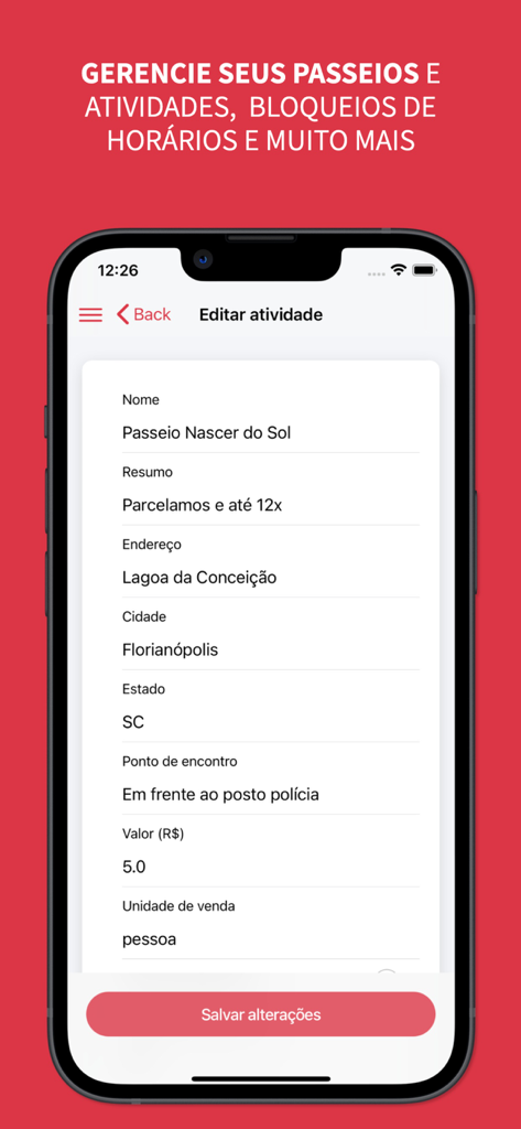 mymento - Un smartphone que muestra la pantalla de edición de actividad en la aplicación de gestión de tours mymento.