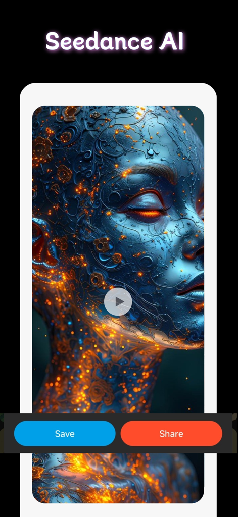 Seedance AI mobile app interface showing a cinematic AI generated character video with save and share options