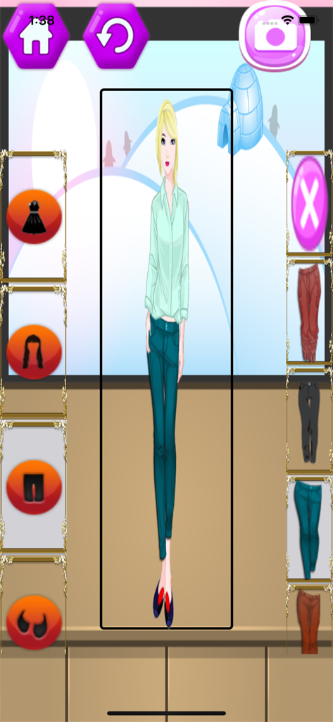 A screenshot of the Makeup and Dress-up Games app showing a blonde character wearing a green shirt and teal trousers with clothing selection icons.