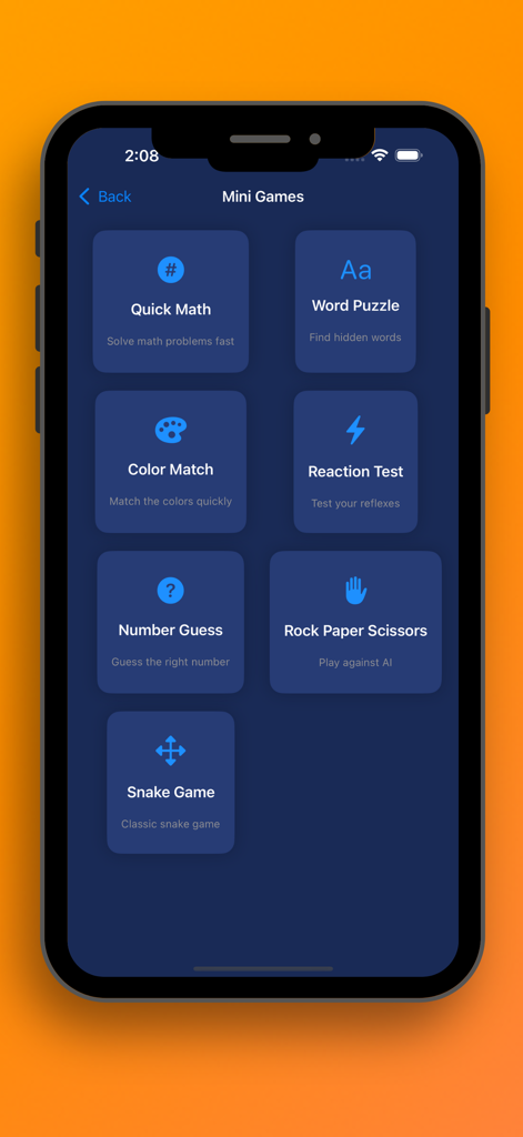 FFH4X Pro interface showing a variety of mini games like Reaction Test and Color Match for reflex training.