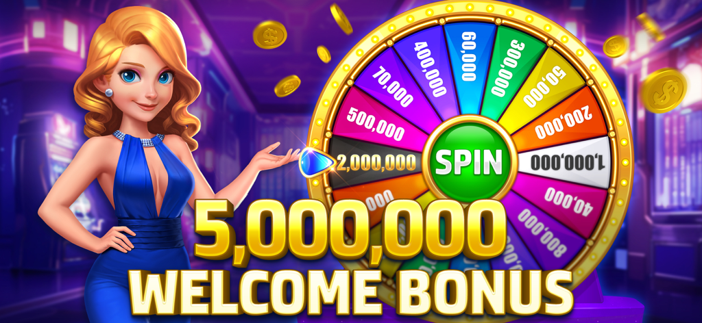 HighRoller Vegas Casino Willkommensbonus-Bildschirm mit einem Glücksrad und einem Angebot von fünf Millionen Münzen
