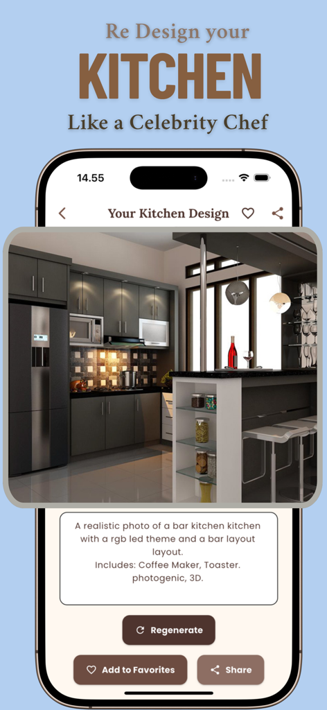 Ai Kitchen - Room Landscape Ai - Interfaz de la aplicación Ai Kitchen que muestra un diseño de cocina moderno 3D realista con una distribución de barra y indicaciones de texto personalizadas.