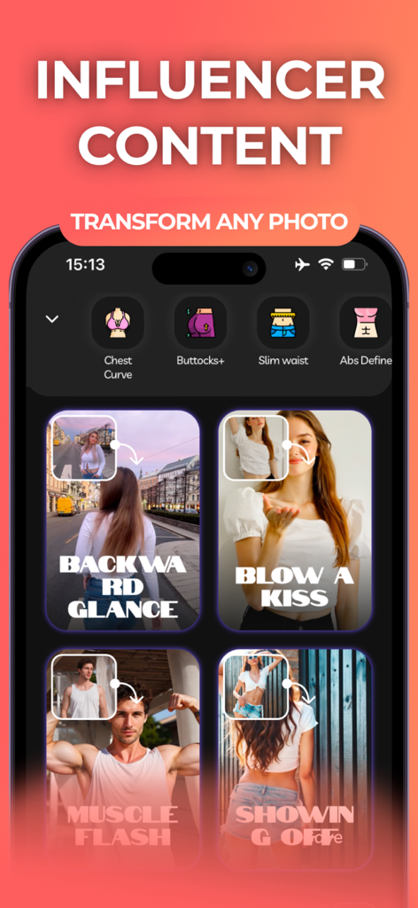 Pic plus app interface displaying body editing tools and trending video animation templates for influencer content.
