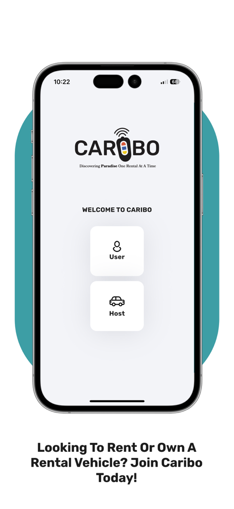 Caribo Bahamas - Caribo Bahamas 앱 환영 화면 (사용자 및 호스트 역할 로그인 옵션 포함)