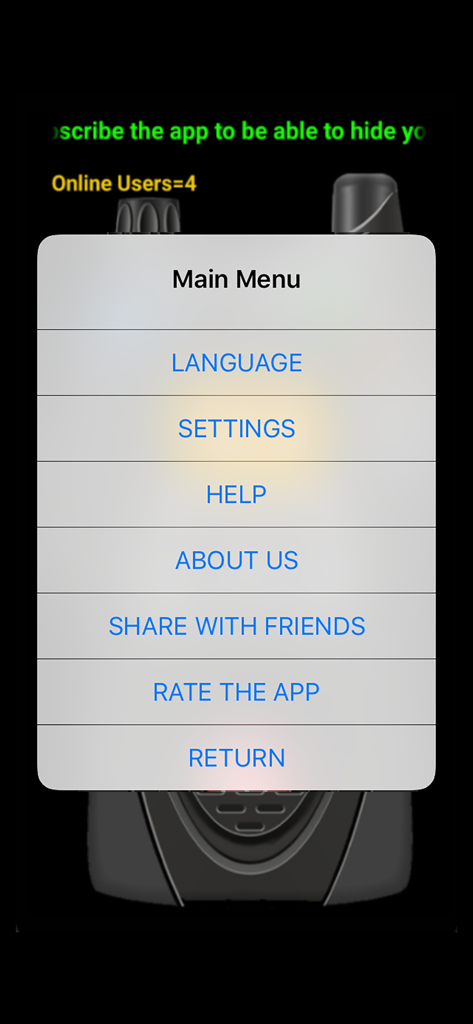 Main menu display for Online Walkie Talkie Pro app