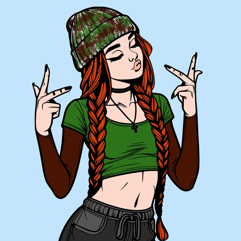 realistic teenage girl with braids and a beanie and crop top doing 🫶🏼