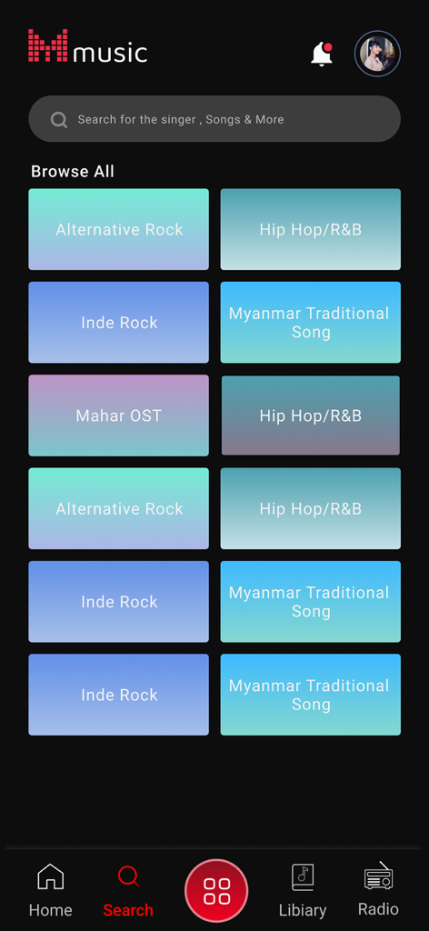 Mahar Music - Mahar Music app search screen showing various music genres including Myanmar Traditional Song and Hip Hop