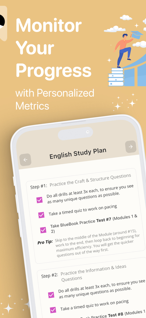 Ein mobiler Bildschirm der Preptly App, der einen personalisierten digitalen SAT-Englisch-Lernplan mit einer Checkliste zur Fortschrittsverfolgung zeigt.