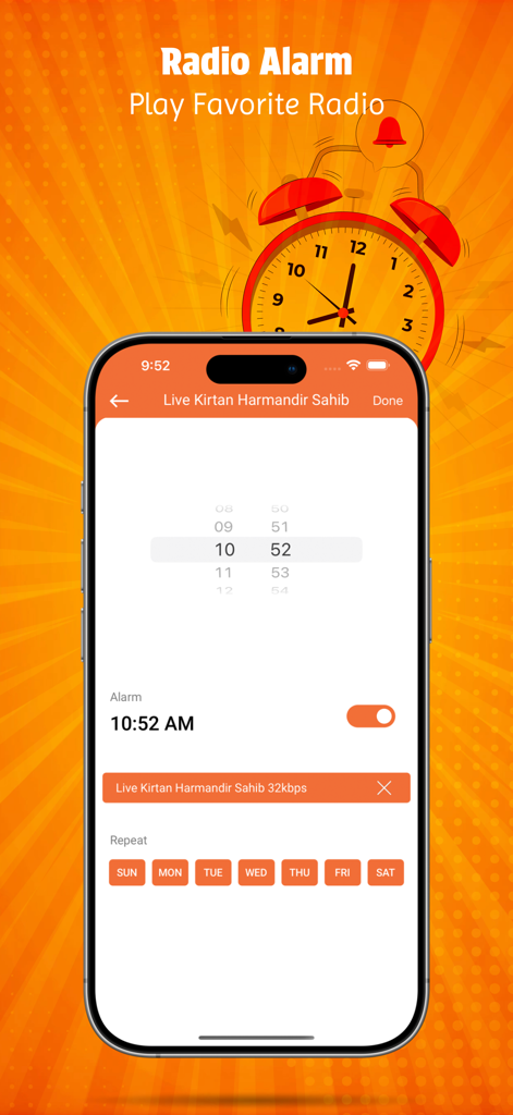 A screen from the Sikh World app showing radio alarm settings to play live Kirtan.