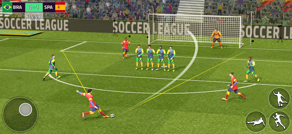 Real Soccer – Football Games - ブラジル対スペインの3D試合でフリーキックを蹴る準備をするサッカー選手。