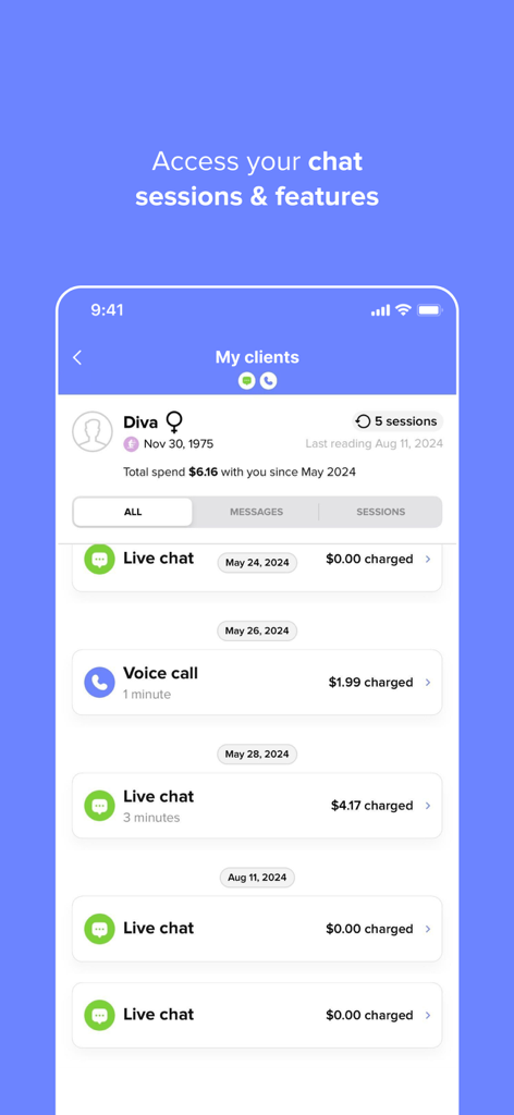 Capture d'écran de l'application Kasamba Advisors montrant le profil d'un client avec un historique détaillé des sessions de chat et d'appels vocaux, y compris les dates et les tarifs.