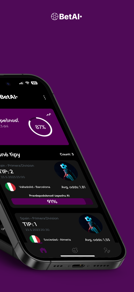 BetAI - BetAI mobile app interface showing football betting tips and AI confidence levels for upcoming matches
