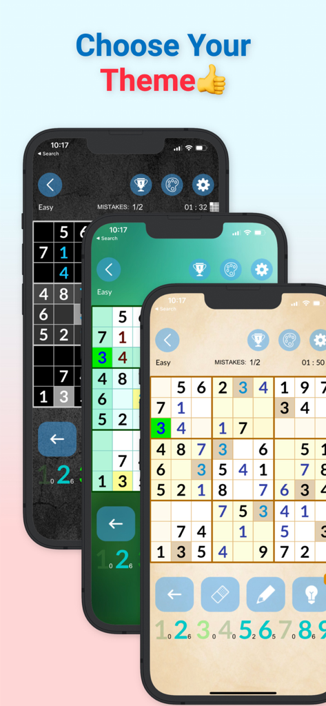 Three mobile phone screens displaying light green and dark color themes for the Sudoku Classic game