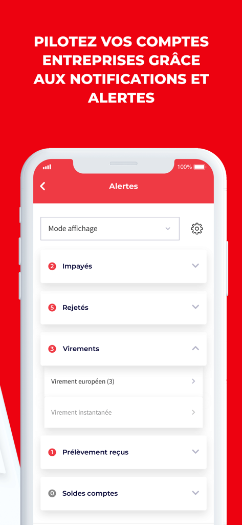 Interface des alertes de l'application Sogecash Net SG pour les notifications de compte d'entreprise