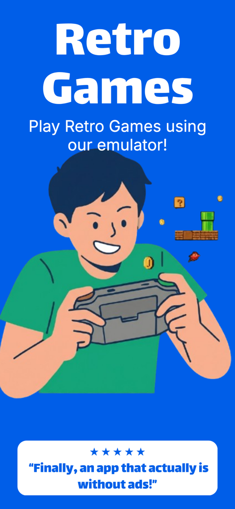 Game Emulator - GBA, DS, NES - Ilustración de un jugador jugando títulos clásicos en un dispositivo portátil con una reseña de cinco estrellas sobre la ausencia de anuncios.