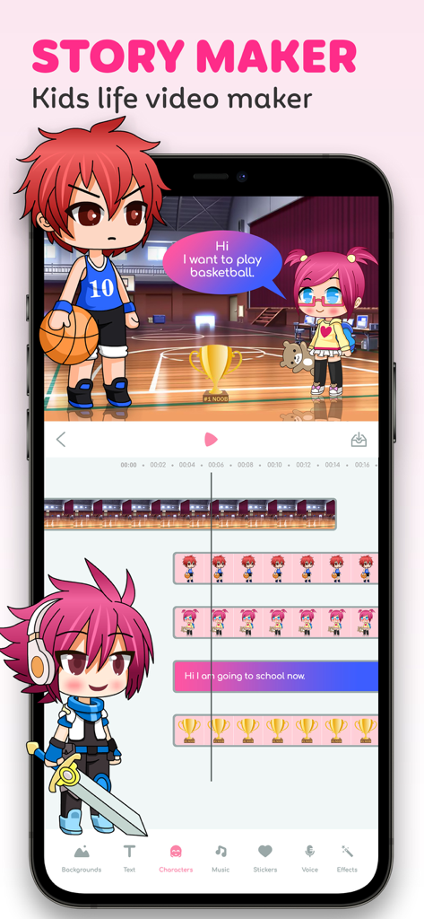 Lala Kids: Create Life Story - Lala Kids app screen showing video editing timeline with anime characters and story assets
