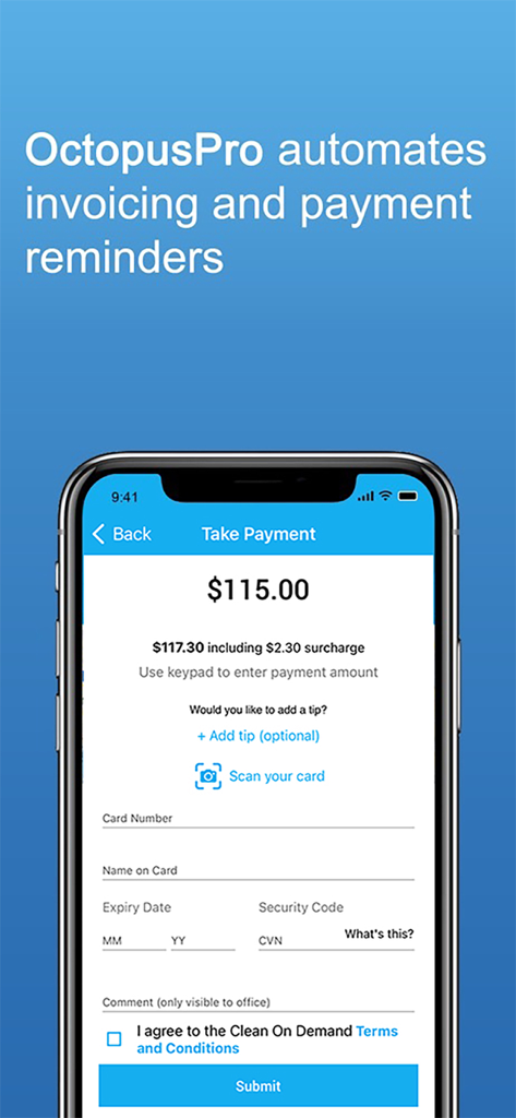 OctopusPro - OctopusPro mobile app interface for automated invoicing and taking credit card payments