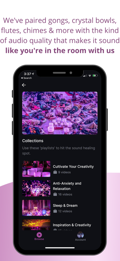 La interfaz de la aplicación The Sound Bath mostrando listas de reproducción curadas de sanación sonora para dormir y relajación.