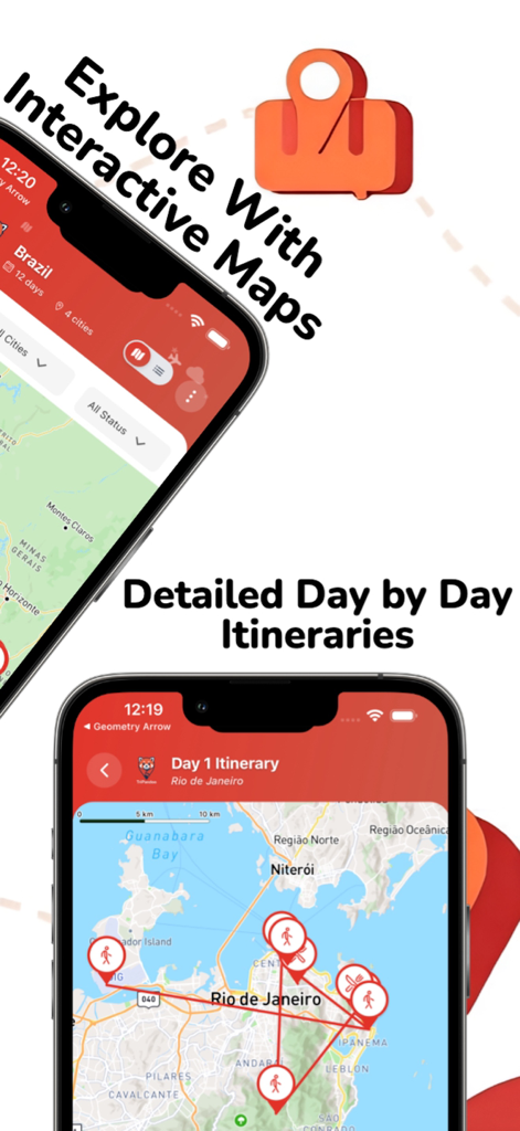 Tripandoo: Smart Trip Planner - Tripandoo App-Oberfläche mit interaktiven Reisekarten und detaillierten Tagesplänen für Rio de Janeiro