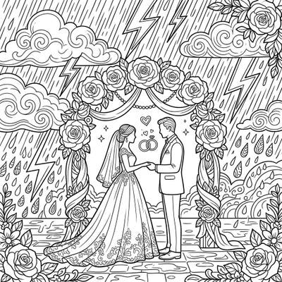 Experience the unique beauty of a wedding ceremony amidst a dramatic thunderstorm in this intricate coloring page. Capture the resilience and romance of love blooming even as rain falls and lightning flashes around the happy couple.