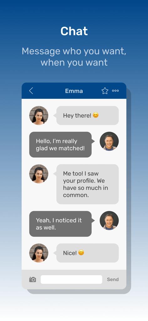 Mobile Chat-Oberfläche in der JSingles Dating-App, die ein Gespräch zwischen einem Mann und einer Frau zeigt.