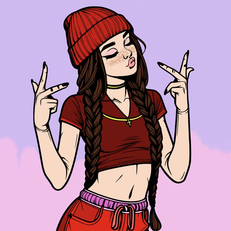 realistic teenage girl with braids and a beanie and crop top doing 🫶🏼
