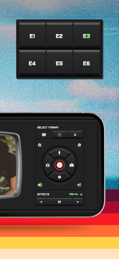 90s Retro And Cam Recorder App - User interface of the 90s Retro Cam Recorder app featuring VHS effects and video format selection