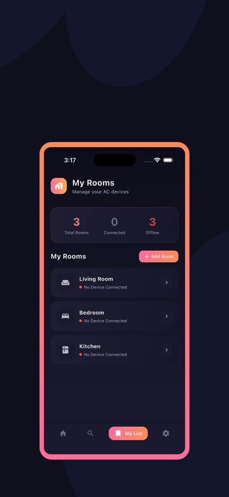 Smart AC Remote Control - Dashboard dell'app Smart AC Remote Control che mostra la gestione delle stanze per Soggiorno, Camera da letto e Cucina.