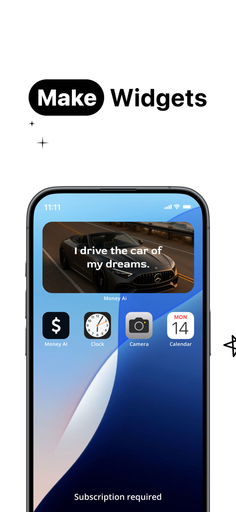 Money AI - An iPhone home screen showing a Money AI manifestation widget with a luxury car and the text I drive the car of my dreams.