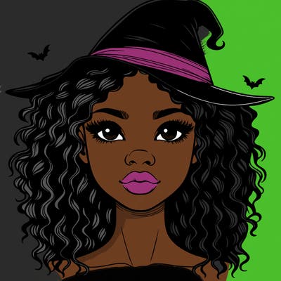 realistic black girl with wavy hair and witch hat and nose and lips