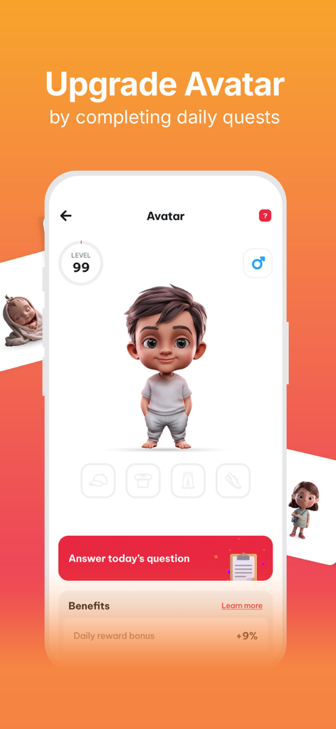 ATOK - ATOK app screenshot showing avatar upgrade interface and daily reward bonus levels