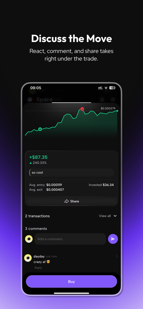 MoonRush: Social Trading - Mobile screen of MoonRush showing a crypto price chart and a social comment section for discussing trades.