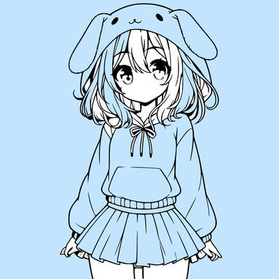 pretty anime girl wearing a fluffy hoodie with bunny ears on the hood and a skirt