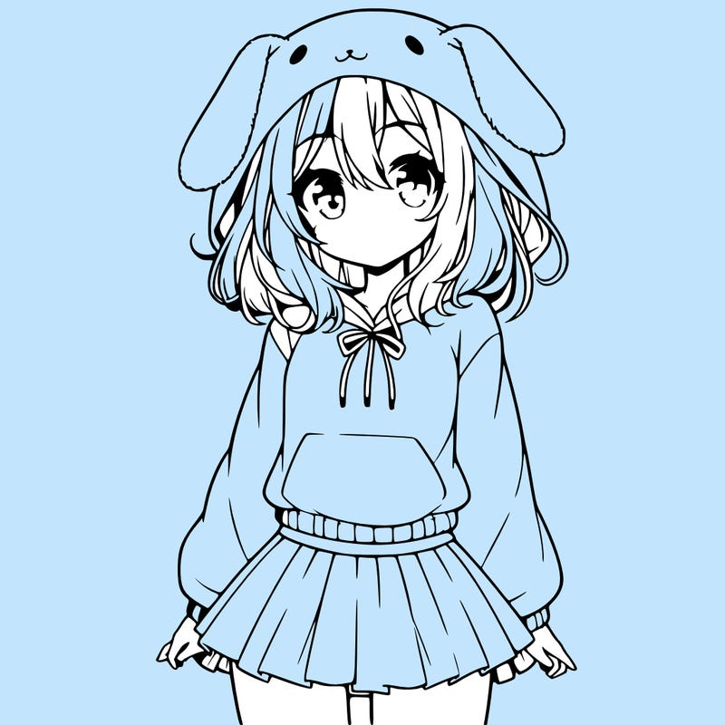 pretty anime girl wearing a fluffy hoodie with bunny ears on the hood and a skirt