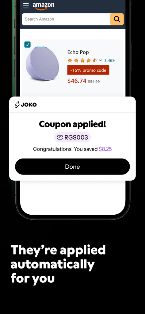 Joko | Cash back & discounts - Joko app automatically applying a discount coupon on an Amazon product page