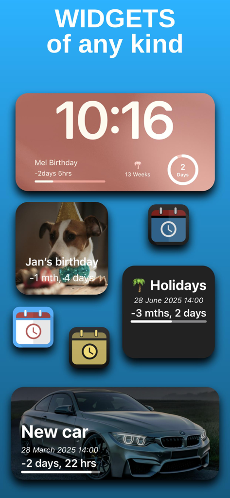 A collection of customizable iOS countdown widgets in different sizes and styles showing events like birthdays and holidays