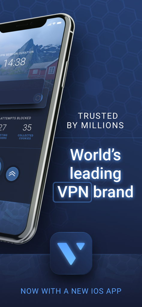 Application VPN plus WiFi Super VPN sur un iPhone montrant la durée de la session et les tentatives de suivi bloquées