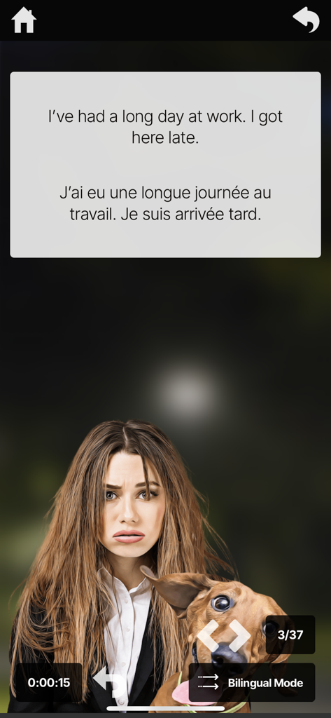 OUINO French (members only) - OUINO French app lesson screen showing English and French sentence translations